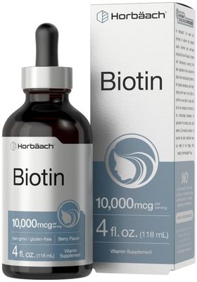 Horbach Biotin Liquid Drops 10000mcg | 4 fl oz | Berry Flavor | Vegetarian, Non-GMO &amp; Gluten Free Supplement