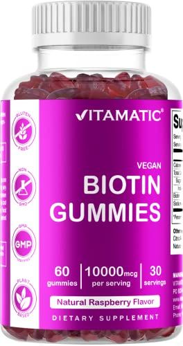 Vitamatic Biotin Gummies 10,000 mcg for Stronger Hair, Skin &amp; Nails - 60 Vegan Gummies - Also Called Vitamin B7 (1 Bottle)