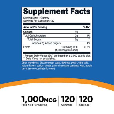 Nutricost Folic Acid (Vitamin B9) Vegetarian Gummies (120 Gummies / 1 mg Folic Acid Per Serving) | Folic Acid Supplement for Men &amp; Women