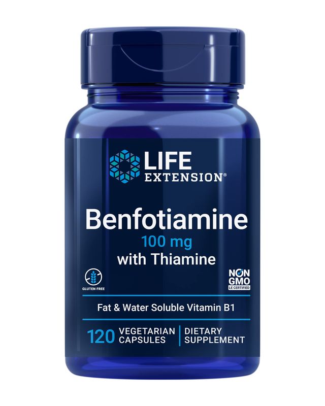 Life Extension Benfotiamine with Thiamine, Fat &amp; Water Soluble Vitamin B1, Gluten Free, Healthy Metabolism, Non-GMO, Vegetarian, 100 mg, 120 Vegetarian Capsules