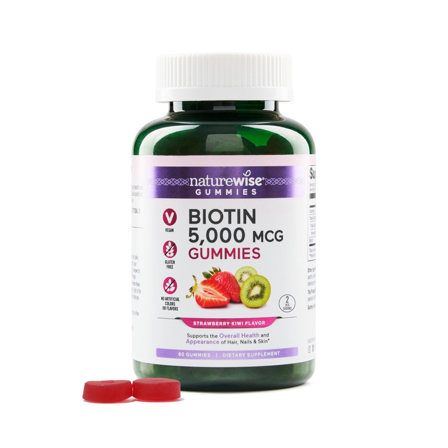 NatureWise Biotin Gummies - Hair, Skin and Nails Supplement - Vitamin B7 5000mcg Supports Hair and Nail Strength - Strawberry-Kiwi Flavor - Vegan, Non-GMO, Gluten Free - 60 Count[1-Month Supply]