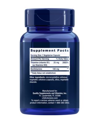 Life Extension Benfotiamine with Thiamine, Fat &amp; Water Soluble Vitamin B1, Gluten Free, Healthy Metabolism, Non-GMO, Vegetarian, 100 mg, 120 Vegetarian Capsules
