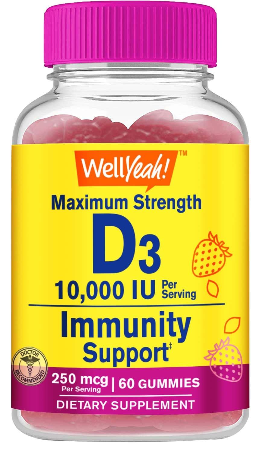 WellYeah Vitamin D3 10,000 IU Gummies (250 mcg) - Immune supprt, Bone and Muscle supprt - Vegan, Nut Free Vitamin D Gummies - Natural sourced Flavors - 60 Count