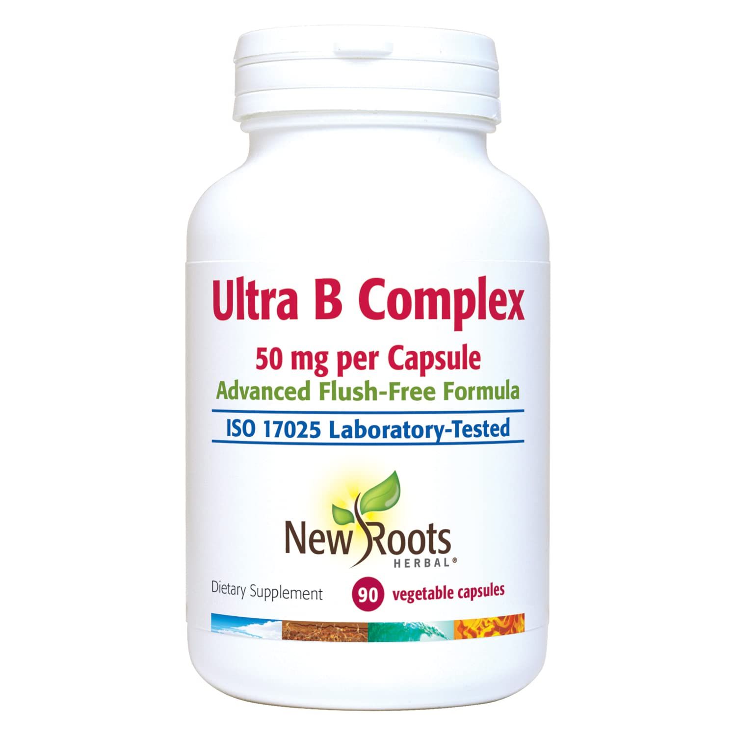 NEW ROOTS HERBAL Ultra B Complex, 50mg, Advanced Flush Free Formula (90 Veg Caps) | Vitamin B6, B12, Biotin| Supports Energy