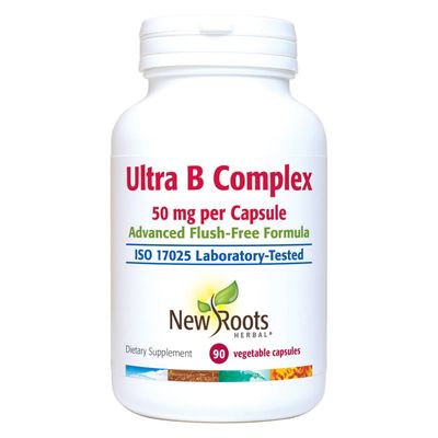 NEW ROOTS HERBAL Ultra B Complex, 50mg, Advanced Flush Free Formula (90 Veg Caps) | Vitamin B6, B12, Biotin| Supports Energy