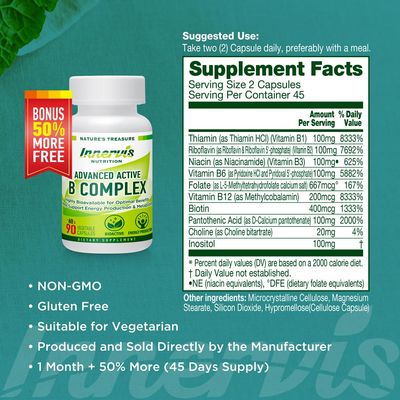INNERVISNUTRITION Advanced Active Vitamin B-Complex - Highly Bioavailable for Energy, Brain & Heart Health - 90 Veggie Capsules - 45 Day Supply