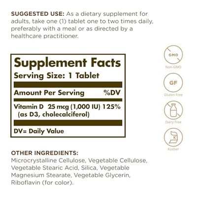 SOLGAR Vitamin D3 (Cholecalciferol) 25 mcg (1000 IU) - 90 Tablets - Non-GMO, Gluten Free, Dairy Free, Kosher - 90 Servings