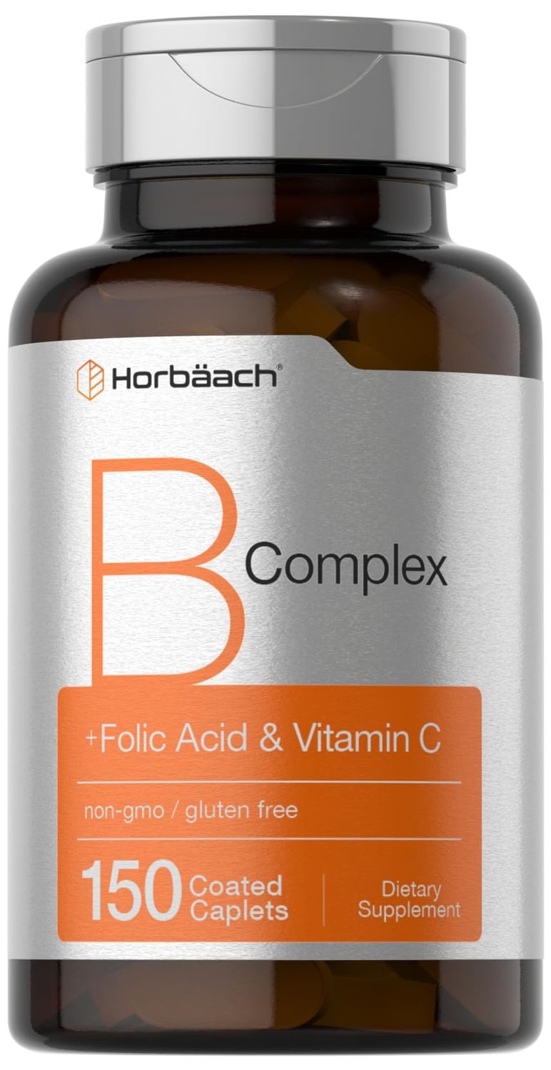 Horbach B-Complex | 150 Caplets | Plus Folic Acid &amp; Vitamin C | Non-GMO &amp; Gluten Free Supplement for Men and Women