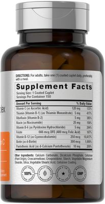 Horbach B-Complex | 150 Caplets | Plus Folic Acid &amp; Vitamin C | Non-GMO &amp; Gluten Free Supplement for Men and Women