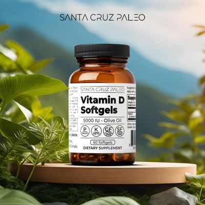 Santa Cruz Paleo Vitamin D Supplement, for Bone Health, Immune Support, 5000 i.u. Per Softgel, Gluten Free, Keto, Sugar Free, Paleo, Olive Oil for Absorption, Natural Ingredients, 60 Softgels