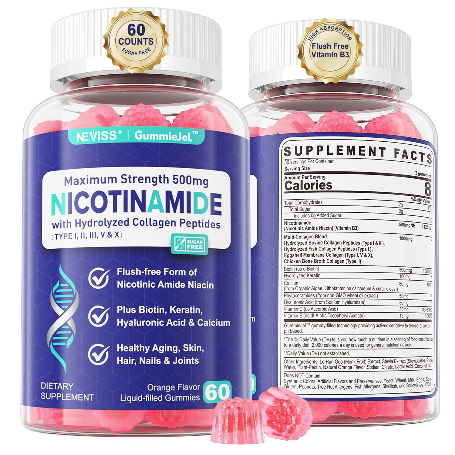 Nicotinamide 500mg Filled Gummies, NAD+ Supplement w/ (Flush Free Niacin) Vitamin B3 Niacinamide, Collagen Peptides for Healthy Aging, NAD+ Boost, Cell Regeneration, Longevity &amp; Brain, 0g Sugar, 60Cts