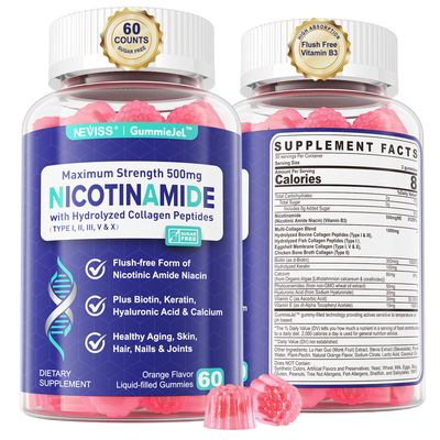 Nicotinamide 500mg Filled Gummies, NAD+ Supplement w/ (Flush Free Niacin) Vitamin B3 Niacinamide, Collagen Peptides for Healthy Aging, NAD+ Boost, Cell Regeneration, Longevity &amp; Brain, 0g Sugar, 60Cts