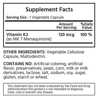 ML Naturals Natural Vitamin K2 MK-7 120 mcg 120 Vegetable Capsules. Supports Bone &amp; Heart Health, Helps Promote Vascular Health.