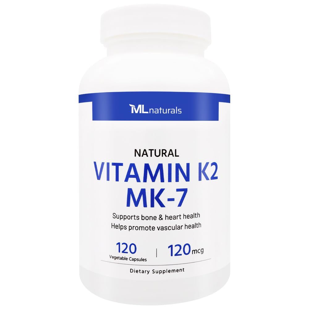 ML Naturals Natural Vitamin K2 MK-7 120 mcg 120 Vegetable Capsules. Supports Bone &amp; Heart Health, Helps Promote Vascular Health.