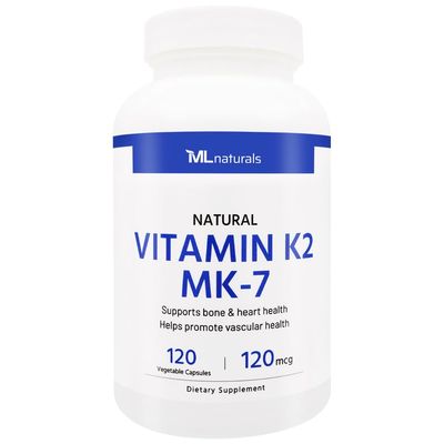 ML Naturals Natural Vitamin K2 MK-7 120 mcg 120 Vegetable Capsules. Supports Bone &amp; Heart Health, Helps Promote Vascular Health.