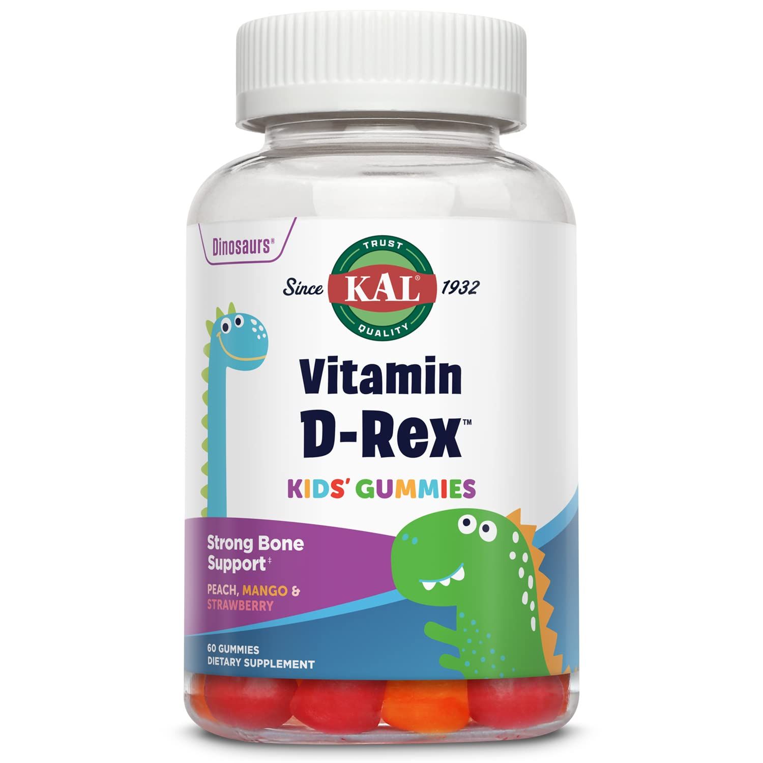 KAL Vitamin D-Rex - Vitamin D Gummies for Kids - Kids Vitamin D3 - Peach, Mango, and Strawberry Flavors - Immune, Heart, Bone &amp; Oral Support - Vegetarian, Gluten Free - 60 Servings, 60 Gummies