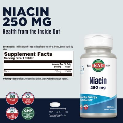 Kal 250 Mg Niacin Tablets, 100 Count