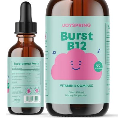 JoySpring Burst B12 Drops - Vitamin B Complex for Kids (2 fl oz) B2, B6, B5 + Methylcobalamin B12 Children Supplement to Support Healthy Growth &amp; Development, Vegan B12, Ages 2-16+ | 60 Servings