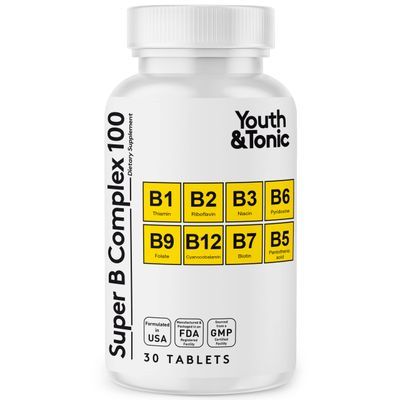 Youth &amp; Tonic Super B Complex for Clear Mind &amp; Healthy Energy Metabolism | Mental Focus Stress Tiredness B 100 | Support for Nervous System Vitamin B Complex