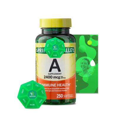 Vitamin A Supplement 2400 mcg, 250 Softgels with Bundle Exclusive Vitamins &amp; Minerals - A to Z - Better Ligth&amp;Spring Guide + Weekly Pill Organizer (3 Items)