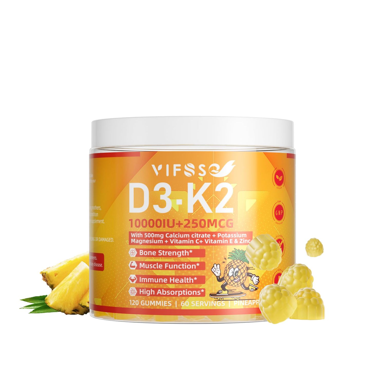 VIFSSG Vitamin D3 K2 Sugar-Free 120 Gummies, Vitamin D3 10,000IU with K2 (MK-7) 200mcg, 600mg Calcium +Magnesium Citrate, Multivitamin Adults Vitamin C+A, Support Bone Muscle Teeth Immune, Energy