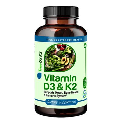 TRUEMED True Booster for Health Vitamin D3 &amp; K2 Capsules - 125mcg D3 (5000 IU) &amp; 90mcg K2 - Heart, Bone, and Immune Support - 120 Vegetarian Capsules - Easy-to-Swallow - Dietary Supplement.