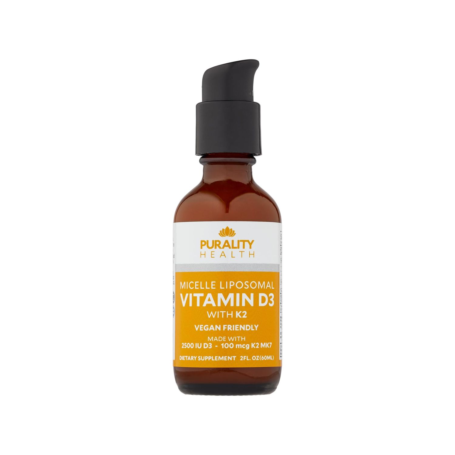 PURALITY HEALTH Vitamin D3 with K2 Liquid Supplement, Vegan, Micelle Liposomal Enhanced Absorption, Non-GMO, 30 Day Supply