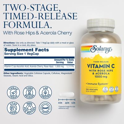 SOLARAY Vitamin C with Rose HIPS &amp; Acerola | Two-Stage Timed-Release Formula | 1000mg | 24-Hour Immune Support &amp; Antioxidant Supplement | 250 Ct.