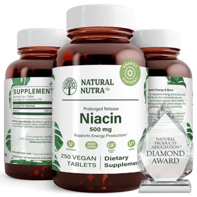 Natural Nutra Time-Release Slow Niacin 500mg Vitamin B3, 250 Vegan Tablets