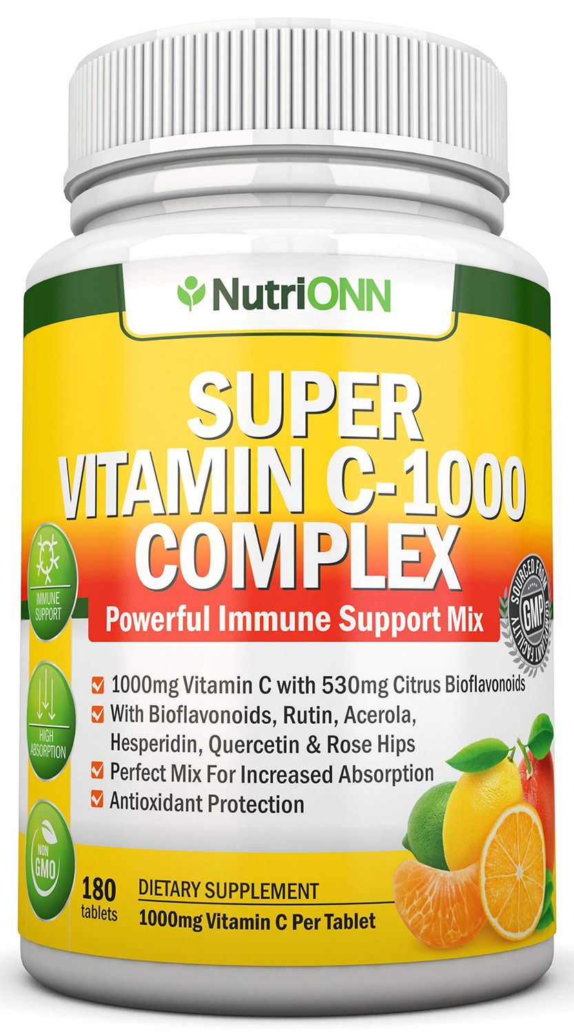 Super Vitamin C Complex - 1695Mg - 180 Tablets - With 530 mg Natural Citrus Bioflavonoids, Rose Hips, Rutin, Quercetin &amp; Hesperidin For Increased Absorption - Advanced Immune Support - Non-GMO