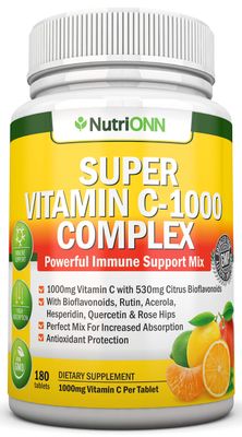 Super Vitamin C Complex - 1695Mg - 180 Tablets - With 530 mg Natural Citrus Bioflavonoids, Rose Hips, Rutin, Quercetin &amp; Hesperidin For Increased Absorption - Advanced Immune Support - Non-GMO