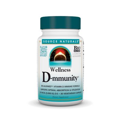 Source Naturals Wellness D-mmunity,Bio-Aligned Vitamin D Immune Formula, Supports Optimal Absorbtion and Utilization*, 125 mcg (5,000 IU) D-3-30 Vegetarian Capsules