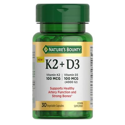 Nature&#39;s Bounty Vitamin D3 K2 Supplement, 4000 IU Vitamin D3 Plus 100 mcg of Vitamin K for Heart &amp; Bone Health Support, 30 Day Supply, 30 Vegetarian Capsules, K2 + D3 Supplements for Adults