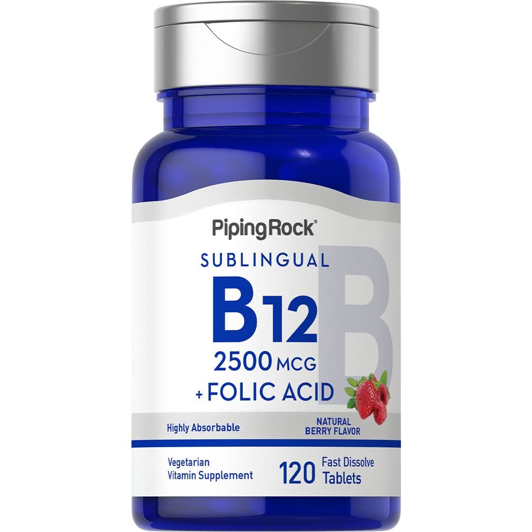 Piping Rock Vitamin B12 Sublingual 2500 mcg | 120 Tablets | Berry Flavor | with Folic Acid | Vegetarian, Non-GMO, Gluten Free Supplement