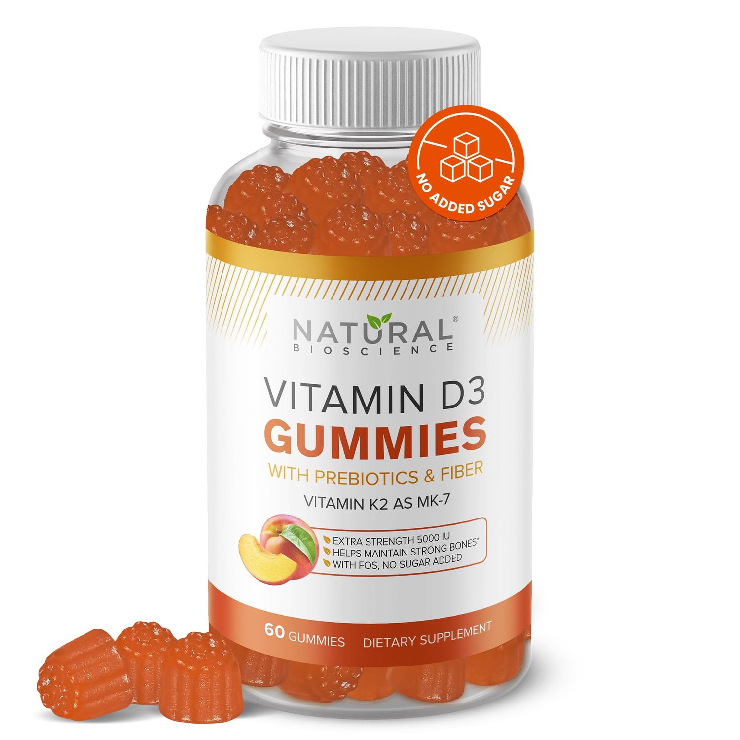 Sugar Free Vitamin D3 K2 Gummies - Vitamin D3 Gummies 5000 IU+K2 MK7 80 mcg, K2 D3 Vitamin Supplement Adults, Vitamin D K2 for Bones, Immune, Heart, Mood, Gluten-Free, Non-GMO, Natural Peach Flavor