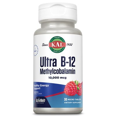 KAL Ultra B12 Methylcobalamin 10,000mcg, High Potency Vitamin B-12 for Healthy Energy, Metabolism, Nerve, Red Blood Cell Support,* Natural Raspberry Flavor, Vegetarian, 30 Micro Tablets, 30 Servings
