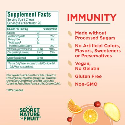 The Secret Nature of Fruit Immunity Chews, Real Fruit Powered Vitamin Chews with Vitamin C, Zinc, Ginger Root, Orange &amp; Camu Camu for Immune Support (60 Count)