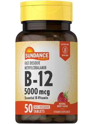 Sundance Vitamin B12 Fast Dissolve | 5000 mcg | 50 Fast Dissolve Tablets | as Methylcobalamin | Natural Berry Flavor | Vegetarian, Non-GMO, and Gluten Free Supplement