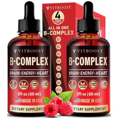 Vitamin B Complex Supplement with 20000 mcg - Extra Strength for Men and Women - Vegan| Raspberry Liquid Drops| USA Made, B1, B2, B3, B5, B6, Biotin, Folic Acid &amp; B12 Methylcobalamin | 4 Months Supply