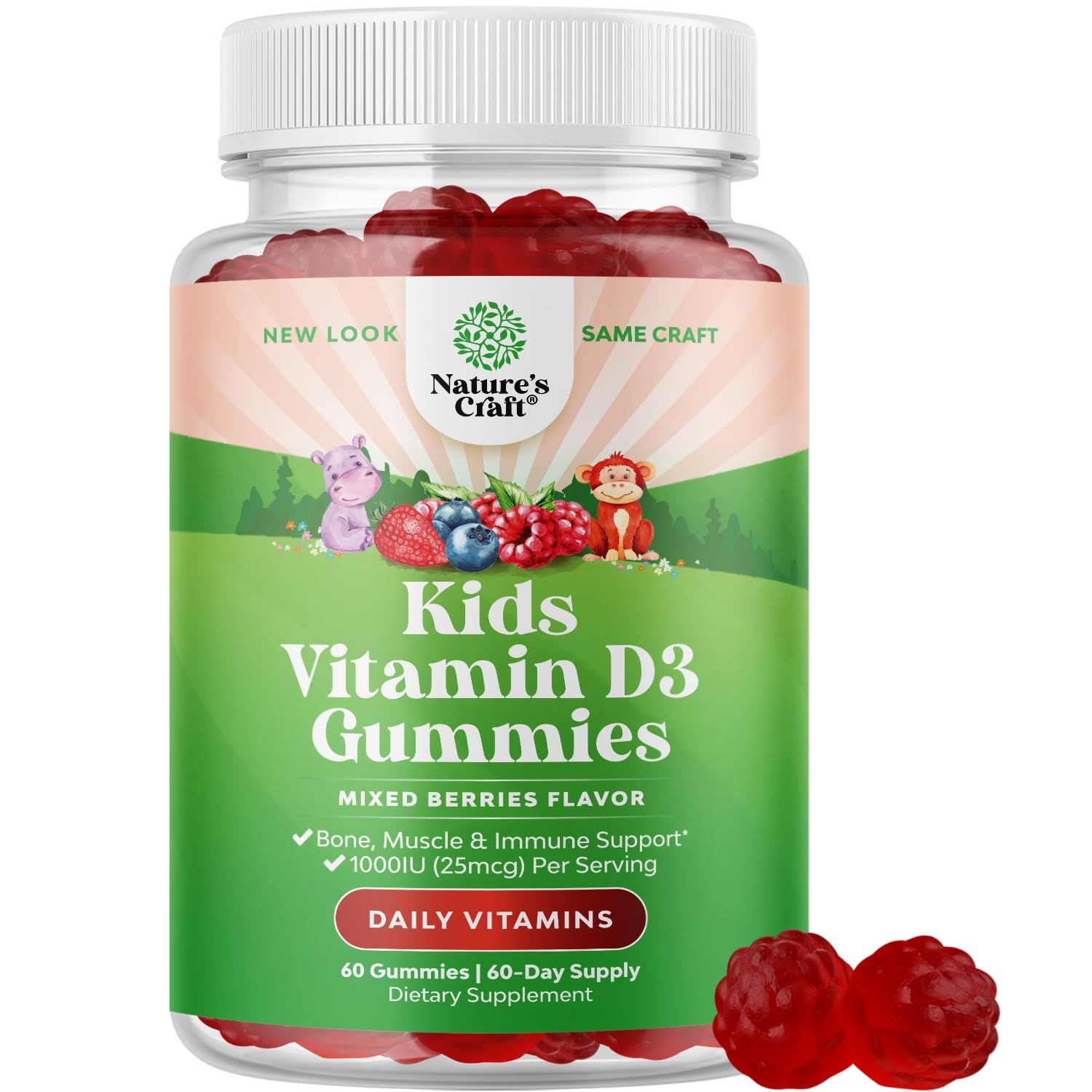 Chewable Vitamin D Gummies for Kids - Delicious Kids Vitamin D 1000 IU Per Serving Gummy Vitamins for Kids and Toddlers Immune Support Plus Muscle and Bone Health - Kosher Gelatin Free Fruit Flavors