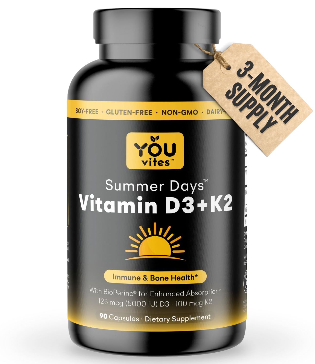 You Vites Vitamin D3 K2 - Summer Days - 5000 IU Vitamin D3, 100 mcg Vitamin K2 MK7 with BioPerine for Enhanced Calcium Absorption - Immune &amp; Bone Health K2 D3 Supplement - 90 Capsules, 90 Day Supply