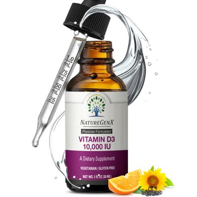 NatureGenX Vitamin D Liquid Drops for Adults: Vegan D3 10000 IU for Immune Support &amp; Bone Strength Supplements, Non-GMO &amp; Gluten Free Liquid Vitamin D for Women &amp; Men, 30ml, 30 Servings