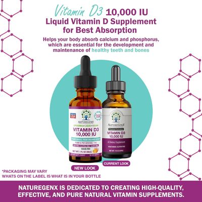 NatureGenX Vitamin D Liquid Drops for Adults: Vegan D3 10000 IU for Immune Support & Bone Strength Supplements, Non-GMO & Gluten Free Liquid Vitamin D for Women & Men, 30ml, 30 Servings