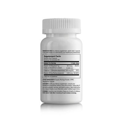 Unived Vegan B12 + D3, B12 (1500mcg Methylcobalamin), D3 (2500IU, Lichen), B9 (500mcg 5-MTHF) &amp; Moringa, Immune Bone &amp; Heart, Energy &amp; Metabolism, 60c
