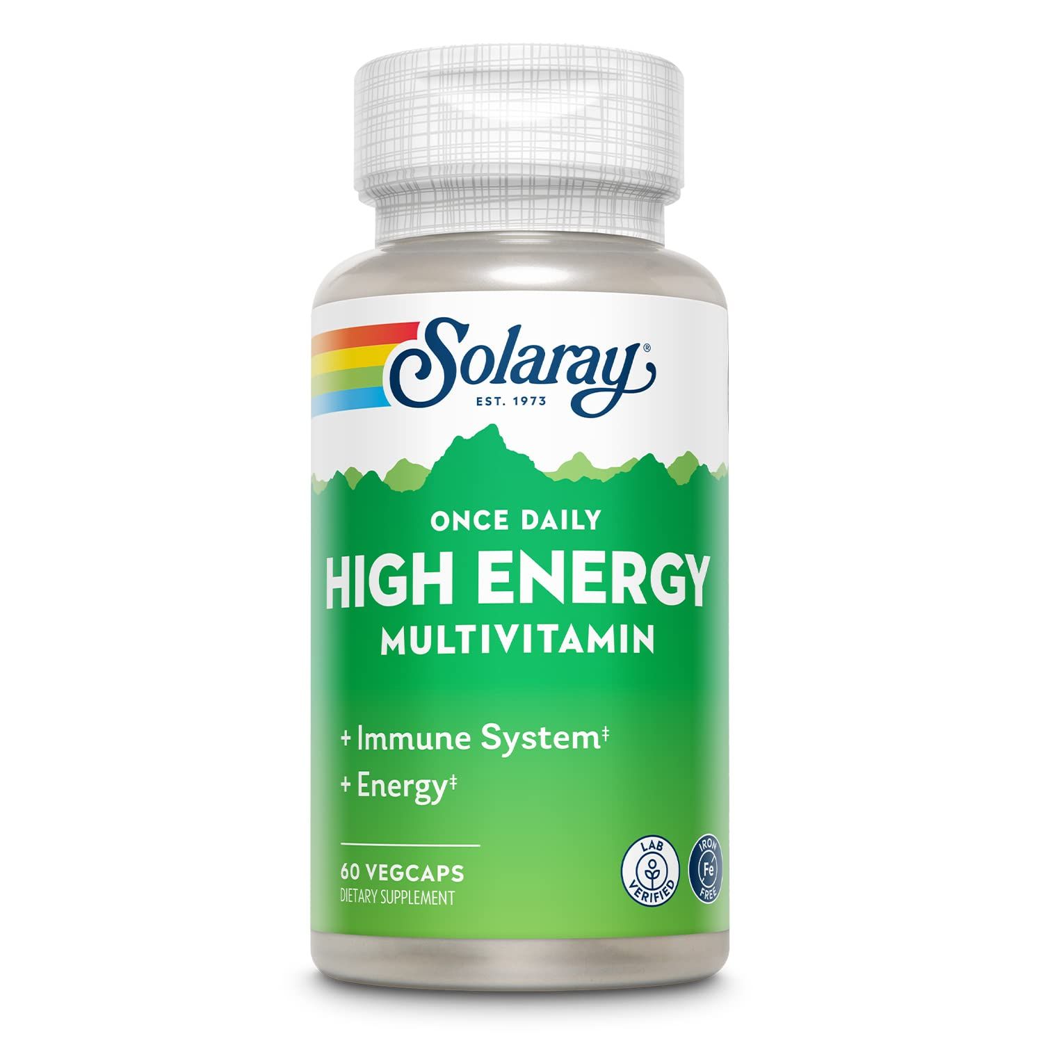 SOLARAY Once Daily High Energy Multivitamin, Iron Free, Immune System and Energy Support, Whole Food and Herb Base Ingredients, Mens and Womens Multi Vitamin, 60 Servings, 60 VegCaps