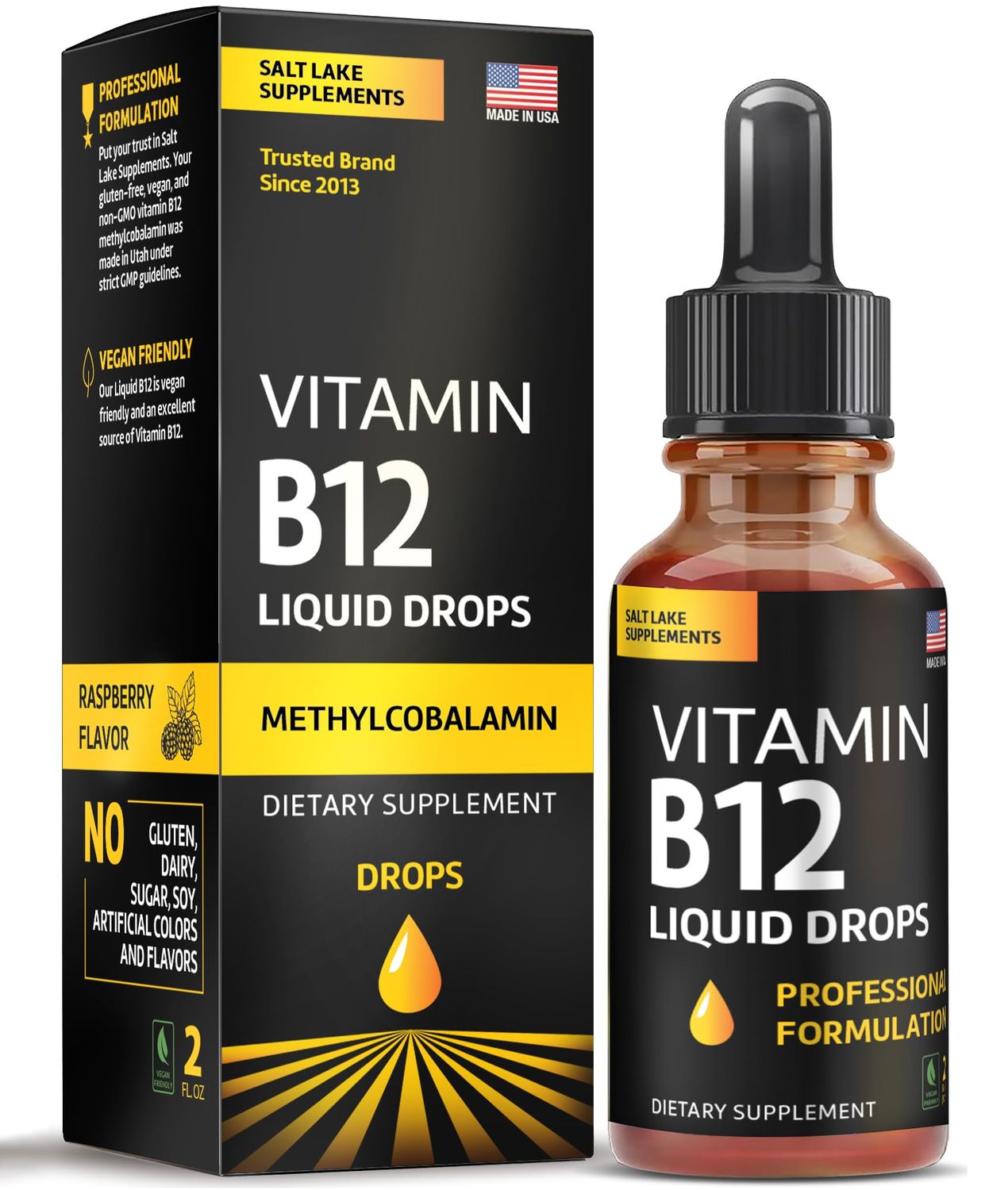 Vitamin B12 Liquid Drops - Vegan B12 Liquid Methylcobalamin Fast-Acting Complex - Sublingual B Complex Liquid w/ Vitamin B2, B3, B6, &amp; B12 - Non-GMO, No Dairy, Soy &amp; Sugar, Raspberry Flavor, 2 fl. oz.