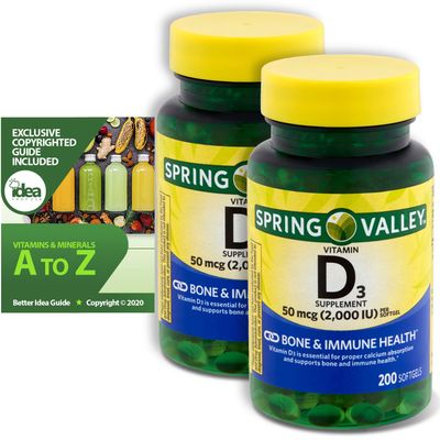 Spring Valley Vitamin D3 Supplement, 50 Mcg (2,000 IU), 200 Ct (2 Pack) Bundle with Exclusive Vitamins &amp; Minerals - A to Z - Better Idea Guide (3 Items)