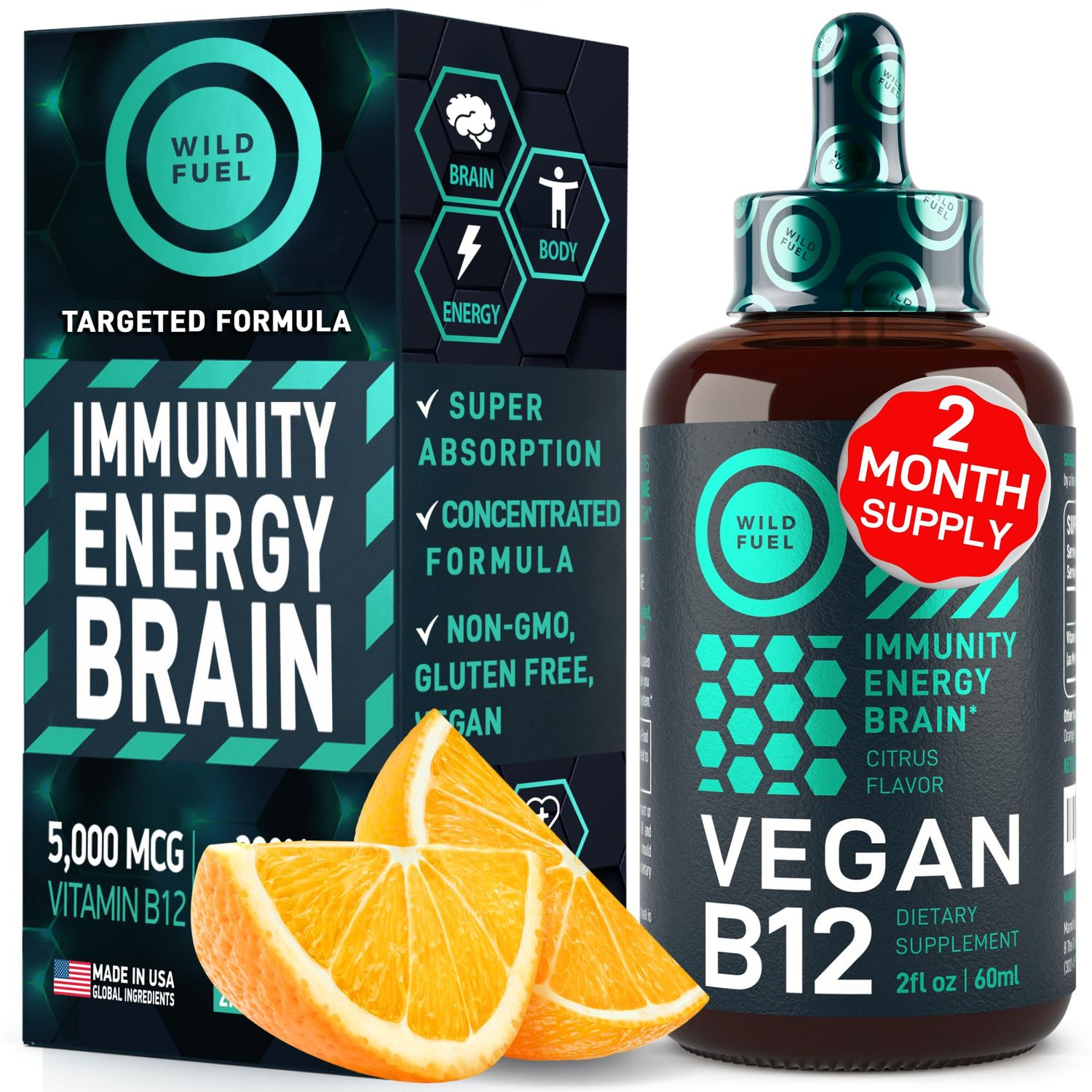 Vegan Vitamin B12 Liquid Drops - Fast-Acting 60 x 5000mcg Methylcobalamin B12 Supplement - Energy, Memory and Mood Support - High-Potency One-Dropper Per Day - Non-GMO, Natural Citrus Flavor - 2oz