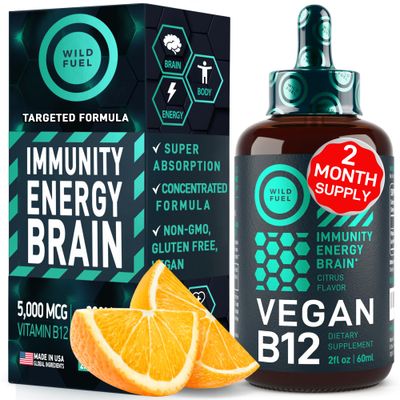 Vegan Vitamin B12 Liquid Drops - Fast-Acting 60 x 5000mcg Methylcobalamin B12 Supplement - Energy, Memory and Mood Support - High-Potency One-Dropper Per Day - Non-GMO, Natural Citrus Flavor - 2oz