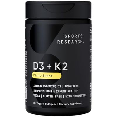 Sports Research Vitamin D3 K2 with Coconut Oil | Plant Based Vitamin K2 MK7 + Vegan D3 5000iu for Bone &amp; Immune Health | Vegan Certified, Soy &amp; Gluten Free - 30 Count Softgels
